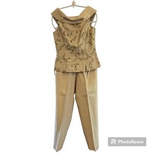 Vintage Linda Segal pantsuit, gold and white.  Size 4.  One-of-a-kind.